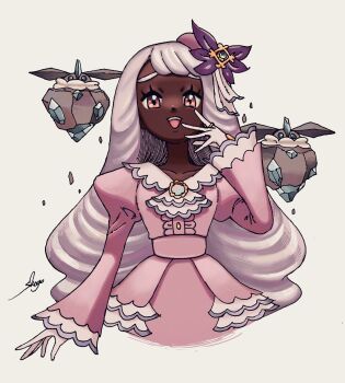 1girl ascot blue_eyes blue_sclera carbink collarbone colored_sclera crystal dark-skinned_female dark_skin dress fascinator frilled_ascot frills gen_6_pokemon glove_bow gloves gold_ring hair_ornament highres jacinthe_(pokemon) juliet_sleeves long_hair long_sleeves looking_at_viewer low_drills mega_stone nintendo open_mouth pokemon pokemon_(creature) pokemon_legends:_z-a puffy_sleeves purple_dress purple_eyes purple_hair rock shogo_(shogo70449442) simple_background smile teeth upper_teeth_only very_dark_skin white_gloves