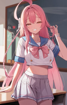 1girl :d absurdres ahoge blue_archive blue_sailor_collar blush bow braid buttons chalkboard classroom crop_top desk doodle_sensei_(blue_archive) double-breasted green_eyes grey_skirt grin hair_bow hanako_(blue_archive) harui_(huruyi_817) heart highres indoors long_hair looking_at_viewer midriff miniskirt open_mouth parted_lips pink_bow pink_hair playing_with_own_hair pleated_skirt sailor_collar school_desk school_uniform sensei_(blue_archive) serafuku shirt short_sleeves side_braid skirt smile solo very_long_hair white_bow white_shirt wristband