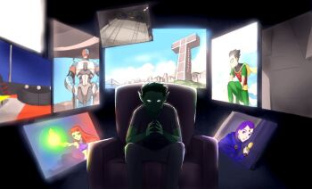 armchair bald beast_boy_(dc) black_hair cape chair colored_skin cyborg_(dc) dark_skin dc_comics dick_grayson garfield_logan green_hair green_skin mask momijigirl orange_hair purple_hair raven_(dc) robin_(dc) screen sitting starfire teen_titans victor_stone