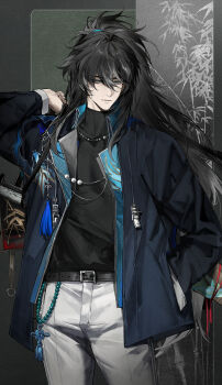 Rule 34 | 1boy, absurdres, alternate costume, arm up, black hair, black shirt, blue jacket, chinese commentary, closed mouth, commentary request, grey eyes, hair between eyes, half-closed eyes, hand in pocket, highres, jacket, long hair, male focus, pants, ponytail, qiuyuan (wuthering waves), secretfj520, shirt, solo, turtleneck, turtleneck shirt, very long hair, white pants, wuthering waves