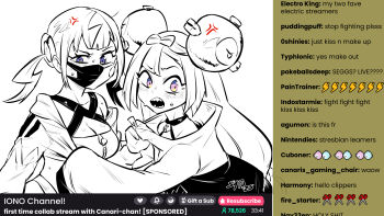 2girls blush bow-shaped_hair canari_(pokemon) character_hair_ornament chat_log gen_1_pokemon hair_ornament highres iono_(pokemon) jacket long_hair long_sleeves magnemite mask mouth_mask multiple_girls nintendo open_mouth pokemon pokemon_legends:_z-a pokemon_sv pokemon_swsh short_twintails sleeves_past_wrists sweat sytokun teeth twintails two-tone_mask