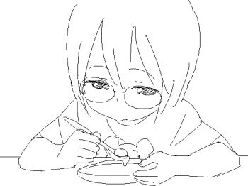 1girl :t animal_print animated animated_gif bear_print blinking bowl chewing closed_mouth eating food glasses greyscale holding holding_spoon looping_animation monochrome narrowed_eyes original round_eyewear shirt short_sleeves sketch solo soup spoon t-shirt table takken_(kupipo) upper_body white_background