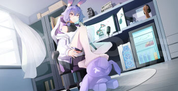 1girl animal_ear_fluff animal_ears black_shirt chair character_request commentary_request commission computer computer_tower copyright_request curtains evil_smile grey_jacket headphones highres indoors jacket long_hair monitor no_shoes off_shoulder on_chair purple_eyes purple_hair rabbit_ears rararirara refrigerator shirt sitting smile solo stuffed_animal stuffed_toy thighhighs white_thighhighs