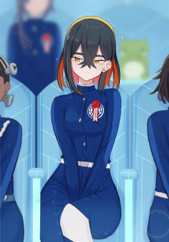 2girls 2others alternate_hair_length alternate_hairstyle amarys_(pokemon) belt between_legs black_hair blue_pants blue_shirt blueberry_academy_school_uniform blurry blurry_background blush buttons carmine_(pokemon) closed_mouth colored_inner_hair commentary_request eyelashes hair_between_eyes hairband hand_between_legs hasu_175 highres long_sleeves multicolored_hair multiple_girls multiple_others nintendo pants pokemon pokemon_sv red_hair school_uniform shirt short_hair sitting solo_focus sparkle substitute_(pokemon) sweatdrop two-tone_hair white_belt yellow_eyes yellow_hairband