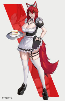 1girl aisurin1st alternate_costume alternate_hair_length_(shorter) animal_ear_fluff animal_ears apron black_dress black_shoes breasts cleavage commentary dress english_commentary fishnet_gloves fishnets gloves hand_on_own_hip highres large_breasts looking_at_viewer maid maid_apron maid_headdress mary_janes o-ring o-ring_thigh_strap open_mouth red_hair shoes smile solo tail thigh_strap thighhighs virtual_youtuber vshojo white_apron white_background white_thighhighs wolf_ears wolf_girl wolf_tail yellow_eyes zentreya zettai_ryouiki zoom_layer