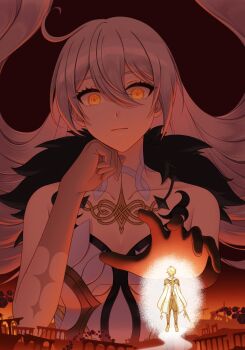 1boy 1girl absurdres aether_(genshin_impact) asmoday_(genshin_impact) bare_shoulders blonde_hair braid braided_ponytail cowlick dress expressionless floating_hair genshin_impact hair_between_eyes highres kimshimhae long_hair off-shoulder_dress off_shoulder reaching reaching_towards_another ringed_eyes scarf single_braid size_difference sleeveless sleeveless_dress white_dress white_hair white_scarf yellow_eyes