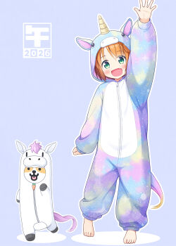 ._. 1girl 2026 :d animal animal_costume animal_ears barefoot blue_background blush brown_hair chinese_zodiac clothed_animal commentary_request dog fang green_eyes highres horse_costume horse_ears horse_tail inuarashi long_sleeves looking_at_viewer meiko_(inuarashi) onesie open_mouth original puffy_long_sleeves puffy_sleeves shadow smile standing standing_on_one_leg tail tongue tongue_out unicorn_costume unicorn_horn year_of_the_horse