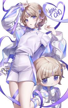 Rule 34 | 1girl, :o, absurdres, banpen (todoroki hajime), blonde hair, chibi, choker, commentary, foot out of frame, hair ornament, hairclip, heart, hi70, highres, hololive, hololive dev is, jacket, legwear garter, light blush, long sleeves, looking at viewer, multicolored hair, multicolored jacket, off shoulder, open mouth, puffy long sleeves, puffy sleeves, purple choker, purple eyes, purple hair, purple jacket, purple shorts, shirt, shoes, short hair, shorts, single off shoulder, sleeves past wrists, sneakers, socks, standing, standing on one leg, star (symbol), streaked hair, t-shirt, todoroki hajime, todoroki hajime (1st costume), two-tone jacket, two-tone shorts, two side up, untranslatable commentary, virtual youtuber, white background, white jacket, white shirt, white shoes, white shorts, white socks