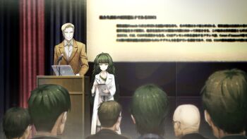 1boy 1girl 6+others alexis_leskinen bald blonde_hair blunt_bangs brown_jacket buttons closed_mouth clothing_request coat collar collarbone collared_shirt computer crowd curtains dress flat_chest from_behind game_cg glasses green_collar green_eyes green_hair green_trim grey_dress grin height_difference highres hiyajou_maho holding holding_tablet_pc hood hood_down hoodie huke jacket lab_coat lapels laptop long_hair long_sleeves looking_at_another messy_hair microphone multiple_others nape non-web_source notched_lapels official_art rabbit_zipper ringed_eyes science_adventure shirt short_hair smile square_pupils standing steins;gate steins;gate_0 tablet_pc thick_eyebrows very_long_hair very_short_hair white_coat white_shirt