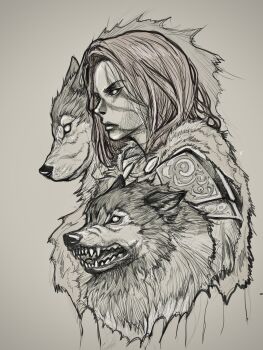 1girl absurdres aela_the_huntress armor facepaint fur_collar greyscale highres long_hair monochrome pauldrons sharp_teeth shoulder_armor teeth the_elder_scrolls the_elder_scrolls_v:_skyrim tibo_lupo wolf