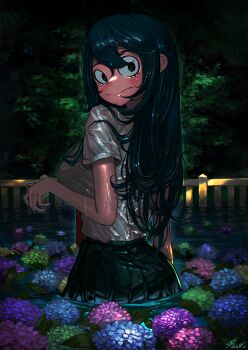 1girl arm_at_side asui_tsuyu black_eyes blue_skirt blush boku_no_hero_academia breasts closed_mouth commentary_request fence flower from_behind green_hair green_skirt hair_between_eyes highres hydrangea hyuu_(sing-dog) long_hair looking_at_viewer looking_back medium_breasts necktie night outdoors pink_skirt pleated_skirt purple_skirt red_necktie school_uniform shirt short_sleeves skirt solo swept_bangs tree u.a._school_uniform wading water wet wet_clothes wet_hair wet_shirt white_shirt