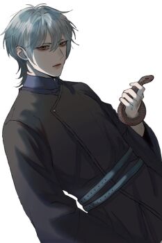 Rule 34 | 1boy, animal, black coat, blue hair, boruto: two blue vortex, coat, dutch angle, expressionless, holding, holding animal, ifevilwhyuhot, male focus, mitsuki (naruto), naruto (series), snake, solo, upper body, yellow eyes