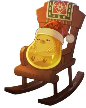 Rule 34 | = =, artist request, artistic error, bird, blush, chair, christmas, fur-trimmed headwear, fur trim, hat, jellyppi, monster, monster focus, nexon, official art, pom pom (clothes), pom pom hat ornament, red hat, rocking chair, second-party source, simple background, sleeping, slime (creature), tales weaver, transparent background, wooden chair, yellow bird