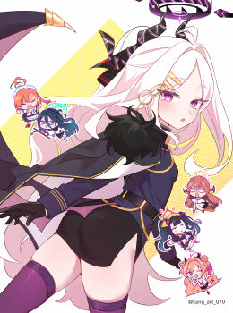 6+girls absurdres ahoge aris_(blue_archive) aru_(blue_archive) ass black_coat black_gloves black_skirt black_thighhighs blue_archive blue_hair chibi coat coat_on_shoulders commentary demon_girl demon_horns demon_wings english_commentary fuuka_(blue_archive) gloves halo highres hina_(blue_archive) horns kirara_(blue_archive) long_hair looking_at_viewer low_wings mata_ashita multiple_girls neru_(blue_archive) open_mouth pink_hair purple_eyes red_hair skirt solo_focus thighhighs thighs twintails twitter_username white_hair wings