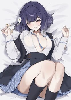 1girl \||/ absurdres bed_sheet black_skirt black_socks black_vest blue_ribbon blue_skirt breasts collared_shirt commentary_request dera_self flower gakuen_idolmaster grey_background grin hair_flower hair_ornament hataya_misuzu hatsuboshi_gakuen_school_uniform highres idolmaster kneehighs knees_together_feet_apart large_breasts light_blush long_sleeves looking_at_viewer lying medium_hair mole mole_under_mouth neck_ribbon no_bra on_back on_bed open_clothes open_shirt purple_hair ribbon school_uniform shirt skirt smile socks solo two-tone_skirt vest white_shirt