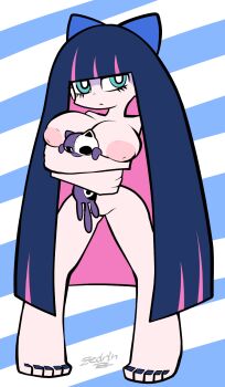 1girl barefoot blue_background blue_eyes blue_hair blunt_bangs bow breasts closed_mouth feet full_body hair_bow highres hime_cut inverted_nipples large_breasts long_hair multicolored_hair nipples panty_&amp;_stocking_with_garterbelt pink_hair puffy_nipples pussy solo standing stocking_(psg) striped_background stuffed_toy toenails toes two-tone_hair white_background zedrin