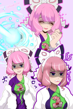 1girl aokocha bow bracelet breasts closed_eyes collared_shirt commentary_request drill_hair drill_sidelocks dynamax_band evil_grin evil_smile eyeshadow flipped_hair fur_jacket grin hair_bow hairband half-closed_eyes highres jacket jewelry klara_(pokemon) makeup medium_breasts mole mole_under_mouth multiple_expressions multiple_views nintendo pink_eyeshadow pink_hair pink_lips pokemon pokemon_swsh print_shirt purple_eyes ring shaded_face shirt short_hair shorts side_slit side_slit_shorts sidelocks smile solo two-tone_shirt upper_body white_bow white_hairband