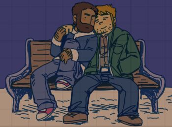 ._. 2boys bara beard_over_mouth blush brown_hair couple dark-skinned_male dark_skin deformed denim facial_hair forked_eyebrows hand_hair holding_hands jacket jeans joseph_(scott_pilgrim) leg_up male_focus medium_sideburns multiple_boys null_(mr_not_null) on_bench pants scott_pilgrim_(series) scott_pilgrim_takes_off shoes short_hair sideburns_stubble smile sparse_stubble stephen_stills stubble thick_eyebrows yaoi
