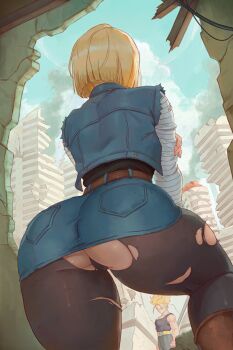 1boy 1girl alterlesott android_18 ass ass_focus belt black_pants black_pantyhose black_tank_top blonde_hair blue_skirt blue_vest brown_belt building city commentary day denim denim_skirt denim_vest dragon_ball dragonball_z english_commentary facing_away from_behind highres long_sleeves microskirt outdoors pants pantyhose ruins short_hair skirt skyscraper solo_focus super_saiyan super_saiyan_1 tank_top torn_clothes torn_pantyhose trunks_(dragon_ball) trunks_(future)_(dragon_ball) vest