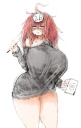 Rule 34 | 1girl, 2b-ge, bags under eyes, black shirt, breasts, female focus, holding, holding mug, holding pen, huge breasts, original, pen, red hair, self insert, shirt, solo, standing, thick thighs, thighs, white background, wide hips