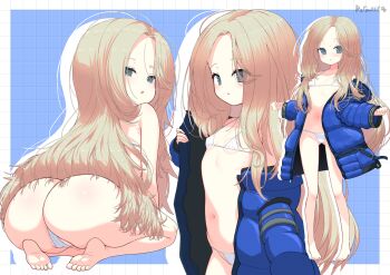 1girl :o ass bare_shoulders barefoot bikini blonde_hair blue_background blue_eyes blue_jacket blush breasts cameltoe coat collarbone diana_(pragmata) eyes_visible_through_hair feet flat_chest forehead from_behind full_body jacket kneeling loli long_hair long_sleeves looking_at_viewer looking_back micro_bikini multiple_views navel off_shoulder open_clothes open_jacket parted_bangs parted_lips pragmata puffy_long_sleeves puffy_sleeves rsg@yuttari sitting sleeves_past_wrists small_breasts soles standing stomach swimsuit thong_bikini toes twitter_username very_long_hair white_bikini