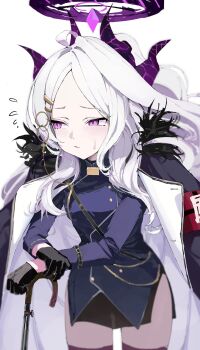 1girl absurdres ahoge averting_eyes black_coat black_gloves black_halo black_jacket black_skirt blue_archive blush closed_mouth coat cowboy_shot demon_girl demon_horns djan furrowed_brow gloves hair_ornament hairclip half-closed_eyes halo highres hina_(blue_archive) horns jacket jacket_on_shoulders leaning_on_object loli long_hair long_sleeves looking_to_the_side multiple_horns no_wings open_clothes open_jacket purple_eyes purple_shirt purple_thighhighs school_uniform shirt simple_background skirt solo standing sweatdrop thigh_gap thighhighs thighs twitter umbrella very_long_hair white_background white_hair zettai_ryouiki