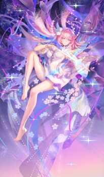 1girl ankle_strap arrow_(projectile) artist_name atdan bare_legs barefoot bow breasts cyrene_(honkai:_star_rail) dress flower glass_shards hair_intakes highres honkai:_star_rail honkai_(series) large_breasts leg_up legband long_hair looking_at_viewer magic miniskirt pink_hair pink_nails purple_eyes purple_nails rose skirt sky smile solo star_(sky) starry_sky very_long_hair white_dress