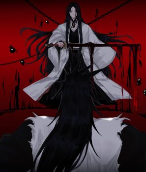 1boy 1girl anima_tion_1 black_hair black_hakama bleach bleach:_sennen_kessen-hen chain facial_scar hakama haori highres holding holding_sword holding_weapon japanese_clothes long_hair minazuki_(bankai) obi sash scar scar_on_cheek scar_on_face shihakusho sword taichou_haori torn_clothes unohana_retsu very_long_hair weapon white_haori zaraki_kenpachi