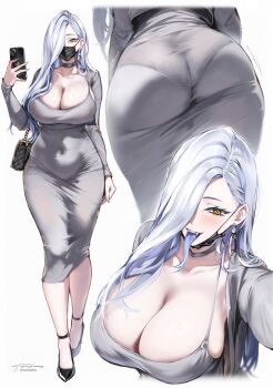 Rule 34 | 1girl, alternate costume, ass, bag, black choker, black mask, black shoes, blue eyeshadow, blue lips, blush, breasts, cellphone, choker, cleavage, collarbone, commentary, covered navel, curvy, dongtan dress, dress, earrings, eyeliner, eyeshadow, fangs, fate/grand order, fate (series), forked tongue, grey dress, hair over one eye, hand up, handbag, hebi nyoubou (fate), high heels, highres, holding, holding phone, hoop earrings, huge ass, jewelry, korusakku, large breasts, long hair, long sleeves, long tongue, looking at viewer, makeup, mask, mature female, mouth mask, multiple views, nail polish, open mouth, panties visible through clothes, pencil dress, phone, pumps, purple nails, scoop neck, shoes, signature, simple background, smartphone, smile, taut clothes, taut dress, thick thighs, thighs, tight clothes, tight dress, tongue, tongue out, twitter username, very long hair, white background, white hair, wide hips, yellow eyes