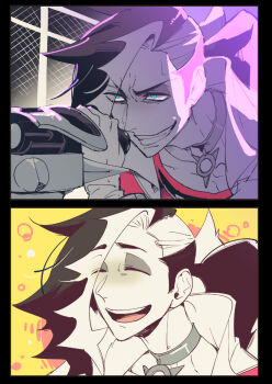 Rule 34 | 1boy, adam's apple, blue eyes, chain-link fence, choker, commentary request, evil grin, evil smile, fence, grin, happy, holding, holding microphone, kokujin youhei, male focus, microphone, multicolored hair, nintendo, open mouth, piers (pokemon), pokemon, pokemon swsh, ponytail, sideburns, smile, two-tone hair