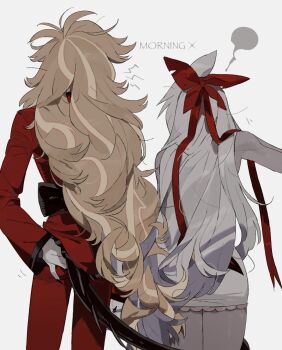 2girls back bilidongdong blonde_hair bow charlie_morningstar colored_skin couple demon_girl demon_tail entangled fingernails from_behind grey_hair grey_skin hair_bow hashtag-only_commentary hazbin_hotel hellaverse highres long_hair messy_hair multicolored_hair multiple_girls nightgown pajamas red_pajamas scratching_ass sharp_fingernails simple_background tail thighs two-tone_hair vaggie very_long_hair white_skin yuri