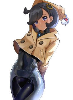 1girl arm_up black_bodysuit black_hair blue_eyes bodysuit bodysuit_under_clothes breasts coat curvy dark-skinned_female dark_skin emma_(pokemon) gloves hair_ornament holding holding_poke_ball jacket looking_at_viewer mega_stone nintendo poke_ball poke_ball_(basic) pokemon pokemon_legends:_z-a purple_eyes setta_shu short_hair simple_background solo white_background wide_hips