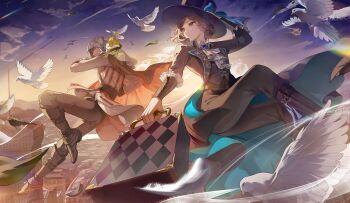 1boy 1girl absurdres apple apple_(reverse:1999) apple_(the_fruit_of_wisdom)_(reverse:1999) ascot assassin&#039;s_creed_(series) assassin&#039;s_creed_ii bird black_boots black_coat black_hat black_pants black_vest blue_bow blue_sky boater_hat boots bow brown_boots brown_cape brown_eyes brown_hair brown_pants cape cloud cloudy_sky coat crossover dasha ezio_auditore_da_firenze falling falling_feathers feathers food from_side fruit full_body golden_apple gradient_sky grey_hair hair_bun hand_on_headwear hat hat_bow highres holding holding_suitcase hood hood_up looking_to_the_side monocle orange_sky outdoors pants profile reverse:1999 shirt short_hair single_side_bun sky suitcase too_many too_many_birds twilight vertin_(reverse:1999) vest waistcoat white_ascot white_bird white_shirt