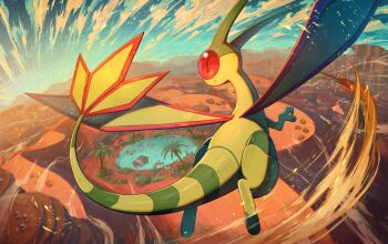 cacnea colored_skin commentary_request desert flygon gen_3_pokemon gen_4_pokemon gen_5_pokemon green_skin hippowdon hippowdon_(female) hippowdon_(male) krookodile kuroi_susumu midair nintendo no_humans oasis pokemon pokemon_(creature) red-tinted_eyewear sand sandile solo_focus tinted_eyewear