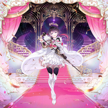 Rule 34 | 1girl, :d, absurdres, azki (prima diva) (hololive), azki (hololive), black corset, black hair, blonde hair, boots, bow, bowtie, cape, center frills, colored inner hair, commentary request, confetti, copyright notice, corset, crown, curtains, double-parted bangs, dress, floating crown, floating hair, frilled dress, frills, full body, fur cape, gold trim, hair between eyes, hair intakes, highres, holding, holding microphone, hololive, jacket, layered skirt, long hair, long sleeves, looking at viewer, microphone, miniskirt, mole, mole under eye, multicolored hair, muto (n0sug4r), official alternate costume, official alternate hairstyle, official art, open mouth, pink hair, pleated skirt, purple eyes, see-through skirt layer, shirt, sidelocks, skirt, smile, solo, stairs, straight-on, streaked hair, teeth, thigh boots, upper teeth only, virtual youtuber, white boots, white bow, white bowtie, white cape, white hair, white jacket, white shirt, white skirt