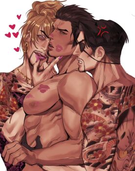 3boys anger_vein back_tattoo bara black_hair blonde_hair commentary crossdressing crossdressing_(mtf) curtained_hair dress dual_persona english_commentary eyepatch fingernails goromi group_sex heart high_ponytail highres irezumi kiryu_kazuma large_pectorals licking_lips lipstick_mark lipstick_mark_on_chest lipstick_mark_on_face long_fingernails majima_everywhere majima_goro male_focus mmm_threesome multiple_boys nipples pectorals pink_dress pink_eyes pink_lips pink_nails ponytail ryuu_ga_gotoku_(series) ryuu_ga_gotoku_1 ryuu_ga_gotoku_kiwami snake_print sotenborinpc strapless strapless_dress tattoo threesome tongue tongue_out topless_male undercut yaoi