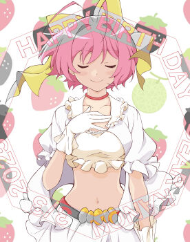 Rule 34 | 1girl, absurdres, antenna hair, arm at side, belt, belt buckle, blush, bow, breasts, buckle, character name, choker, closed eyes, closed mouth, collarbone, commentary request, cowboy shot, crop top, cropped shirt, dated, facing viewer, floating clothes, frilled gloves, frilled jacket, frilled shirt, frills, fruit background, gloves, hair bow, hair intakes, hand on own chest, hand up, happy birthday, highres, jacket, java (jav romance17), kami nomi zo shiru sekai, large bow, large breasts, miniskirt, nakagawa kanon, navel, open clothes, open jacket, pink hair, red belt, red choker, shirt, short hair, short sleeves, skirt, smile, solo, standing, stomach, straight-on, white background, white jacket, white skirt, yellow bow, yellow gloves, yellow shirt