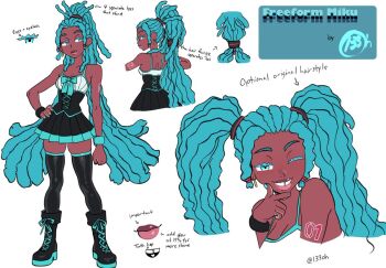 1girl alternate_costume alternate_hairstyle alternate_skin_color aqua_hair arrow_(symbol) bare_shoulders black_boots black_dress black_thighhighs blue_eyes blue_nails blue_trim boots character_name colored_eyelashes commentary dark-skinned_female dark_skin darkened_skin dreadlocks dress earrings english_commentary english_text eyelashes fingernails freeform_miku full_body grin hand_on_own_chin hand_on_own_hip hatsune_miku high_ponytail jewelry l33oh label light-skinned_palms lips long_hair looking_at_viewer multiple_views nail_polish number_tattoo ponytail redesign reference_sheet short_dress shoulder_tattoo sleeveless sleeveless_dress smile solo tattoo thick_lips thighhighs tooth_gap twintails very_dark_skin very_long_hair vocaloid