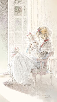 2girls 3girls alice_margatroid artist_name ascot blonde_hair blue_eyes capelet chair closed_mouth crossed_legs dahuang dated dress frilled_dress frilled_hairband frills hairband highres holding_sewing_needle long_dress long_sleeves multiple_girls red_hairband sewing shanghai_doll short_hair sitting smile touhou