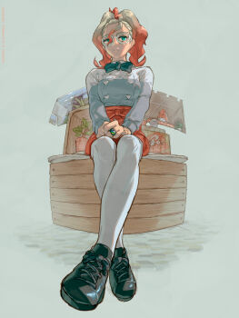 1boy 1girl absurdres apron black_bow black_bowtie blue_eyes bow bowtie breasts closed_mouth commentary_request glasses gradient_hair griselle_(pokemon) grisham_(pokemon) hair_pulled_back highres jewelry looking_at_viewer medium_breasts mega_ring multicolored_hair mumumi nintendo orange_apron orange_hair pantyhose plant pokemon pokemon_legends:_z-a ponytail potted_plant red_apron red_hair ring shirt shoes sitting split_ponytail two-tone_hair waist_apron white-framed_eyewear white_hair white_pantyhose white_shirt