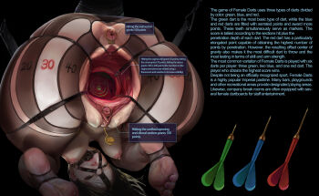 1girl absurdres anus armbinder arms_behind_back ass asymmetrical_breasts ball_gag barbell_piercing bdsm bent_over black_background blonde_hair bondage bound branded breasts brown_eyes brown_hair cervical_penetration cervix cervix_clamps chart clitoral_hood clitoris clitoris_piercing clothing_cutout crotchless crotchless_pantyhose dart dartboard deep_penetration dilation_belt english_text feet female_focus from_behind gag gagged grey_eyes hanging_breasts harness heart_cutout highres huge_ass jm_(729302585) kneeling looking_at_viewer looking_back looking_through_own_legs nipple_piercing nipples no_panties no_shoes pantyhose piercing pussy pussy_piercing restrained see-through_clothes simple_background small_breasts solo source_request spread_ass spread_pussy stirrup_legwear tagme target toeless_legwear topless_female torture uncensored upside-down urethra what