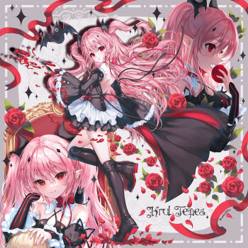 1boy 1girl :o arm_up arukanu backless_dress backless_outfit bare_shoulders bat_(animal) biting black_boots black_cape black_dress black_ribbon blood blood_vial boots bow buttons cape character_name collar commentary_request detached_collar detached_sleeves diamond_hair_ornament dotted_line double-breasted double-parted_bangs dress elbow_on_another&#039;s_head fangs floating_hair flower food frilled_dress frilled_sleeves frills from_side fruit full_body grey_background halterneck hand_on_another&#039;s_head hand_up highres holding holding_food holding_fruit holding_vial hyakuya_mikaela ichitata knee_up krul_tepes leaf long_hair long_sleeves looking_ahead looking_at_viewer multiple_views open_mouth out_of_frame owari_no_seraph petals pink_hair pixiv_username pointy_ears portrait red_bow red_cape red_eyes red_flower red_petals red_ribbon red_rose ribbon rose rose_petals sidelocks sitting_on_throne smile sparkle standing throne two-tone_cape two_side_up vampire vial white_collar wide_sleeves