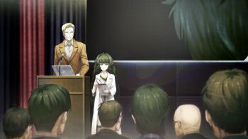 1boy 1girl 6+others alexis_leskinen artificial_intelligence bald blonde_hair blunt_bangs brown_jacket buttons closed_mouth clothing_request coat collar collarbone collared_shirt computer crowd curtains dress flat_chest from_behind game_cg glasses green_collar green_eyes green_hair green_trim grey_dress grin height_difference highres hiyajou_maho hiyajou_maho_(salieri) holding holding_tablet_pc hood hood_down hoodie huke jacket lab_coat lapels laptop long_hair long_sleeves looking_at_another messy_hair microphone multiple_others nape non-web_source notched_lapels official_art rabbit_zipper ringed_eyes science_adventure shirt short_hair smile square_pupils standing steins;gate steins;gate_0 tablet_pc thick_eyebrows very_long_hair very_short_hair white_coat white_shirt