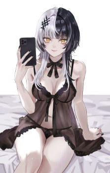 1girl absurdres babydoll black_babydoll black_hair black_nails black_panties breasts cellphone choker cleavage commentary dhbwinner front_slit grey_hair highres holding holding_phone hololive hololive_english lingerie long_hair looking_at_viewer medium_breasts multicolored_hair nail_polish navel panties phone ribbon_choker see-through_clothes selfie shiori_novella simple_background sitting smartphone smile solo split-color_hair underwear virtual_youtuber white_background yellow_eyes