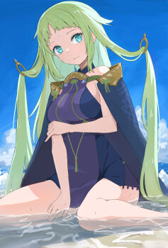 blue_eyes blue_protocol breasts day einrain_(blue_protocol) feet_out_of_frame green_eyes highres light_smile long_hair medium_breasts okosan_(pixiv) outdoors ring_hair_ornament sitting sitting_on_water very_long_hair wariza water