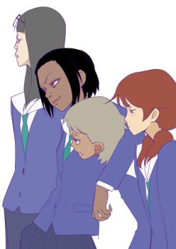 Rule 34 | 4girls, asymmetrical bangs, black hair, commentary, dark-skinned female, dark skin, doumeki parker, doutonbori touru, eizouken ni wa te wo dasu na!, eyewear on head, glasses, kanamori sayaka, long hair, multiple girls, muramura hito, sakaki sowande, school uniform, shibahama high school uniform, short hair, skirt, sweat