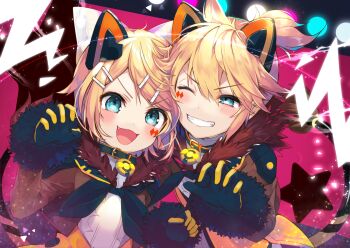1boy 1girl :3 animal_costume animal_ears aqua_eyes bell black_background black_collar black_gloves black_neckerchief blonde_hair blush bow brown_jacket claw_pose collar commentary cropped_jacket facial_tattoo fake_animal_ears fang fur-trimmed_jacket fur-trimmed_sleeves fur_trim gloves grin hair_ornament hairclip highres jacket kagamine_len kagamine_rin lightning_bolt_symbol lion_costume looking_at_viewer magical_mirai_(vocaloid) magical_mirai_len magical_mirai_len_(2019) magical_mirai_rin magical_mirai_rin_(2019) neck_bell neckerchief nekoi51 one_eye_closed ponytail screen shirt short_hair short_ponytail smile stage_lights star_(symbol) tattoo two-tone_gloves v-shaped_eyebrows vest vocaloid white_bow white_shirt yellow_gloves yellow_vest