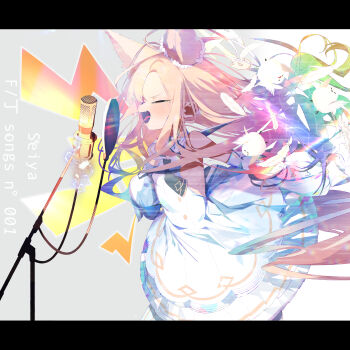 1girl absurdres animal_ear_fluff animal_ears armpit_cutout bird blonde_hair blue_archive blue_dress blush closed_eyes clothing_cutout dress fang floating_hair grey_background highres long_hair memo2tuika microphone open_mouth seia_(blue_archive) sparks tears white_bird