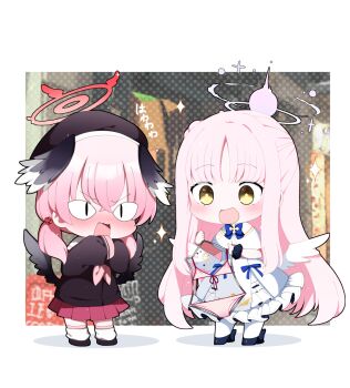 Rule 34 | <|> <|>, 2girls, :d, absurdres, bikini, black shirt, black shoes, black wings, blue archive, blue bow, blue bowtie, blush, bow, bowtie, chibi, chibi only, commentary request, dress, feathered wings, frilled dress, frills, full body, halo, head wings, highres, holding, holding unworn clothes, koharu (blue archive), long hair, long sleeves, low wings, mika (blue archive), multiple girls, open mouth, pantyhose, parted bangs, pink bikini, pink hair, pink halo, pleated skirt, red halo, red skirt, shirt, shoes, sidelocks, skirt, smile, socks, standing, swimsuit, v-shaped eyebrows, white dress, white pantyhose, white socks, wings, yellow eyes, you (noanoamoemoe)