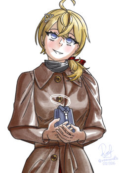 Rule 34 | 1girl, ahoge, blonde hair, blue eyes, brown coat, coat, commentary, crossed bangs, english commentary, gift, hair ornament, hair over shoulder, hairclip, highres, kantai collection, long hair, looking at viewer, low side ponytail, red ribbon, ribbon, ron (pixiv83091338), simple background, smile, solo, tuscaloosa (kancolle), tuscaloosa (valentine) (kancolle), upper body, white background